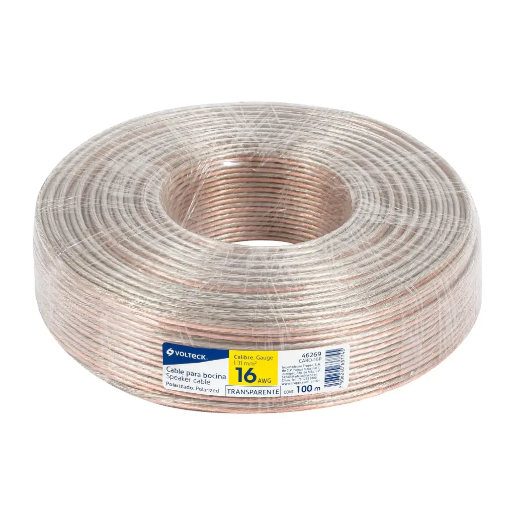 CABLE DUPLEX POLARIZADO TRANSPARENTE PARA BOCINA 16AWG VOLTECK ROLLO 46269