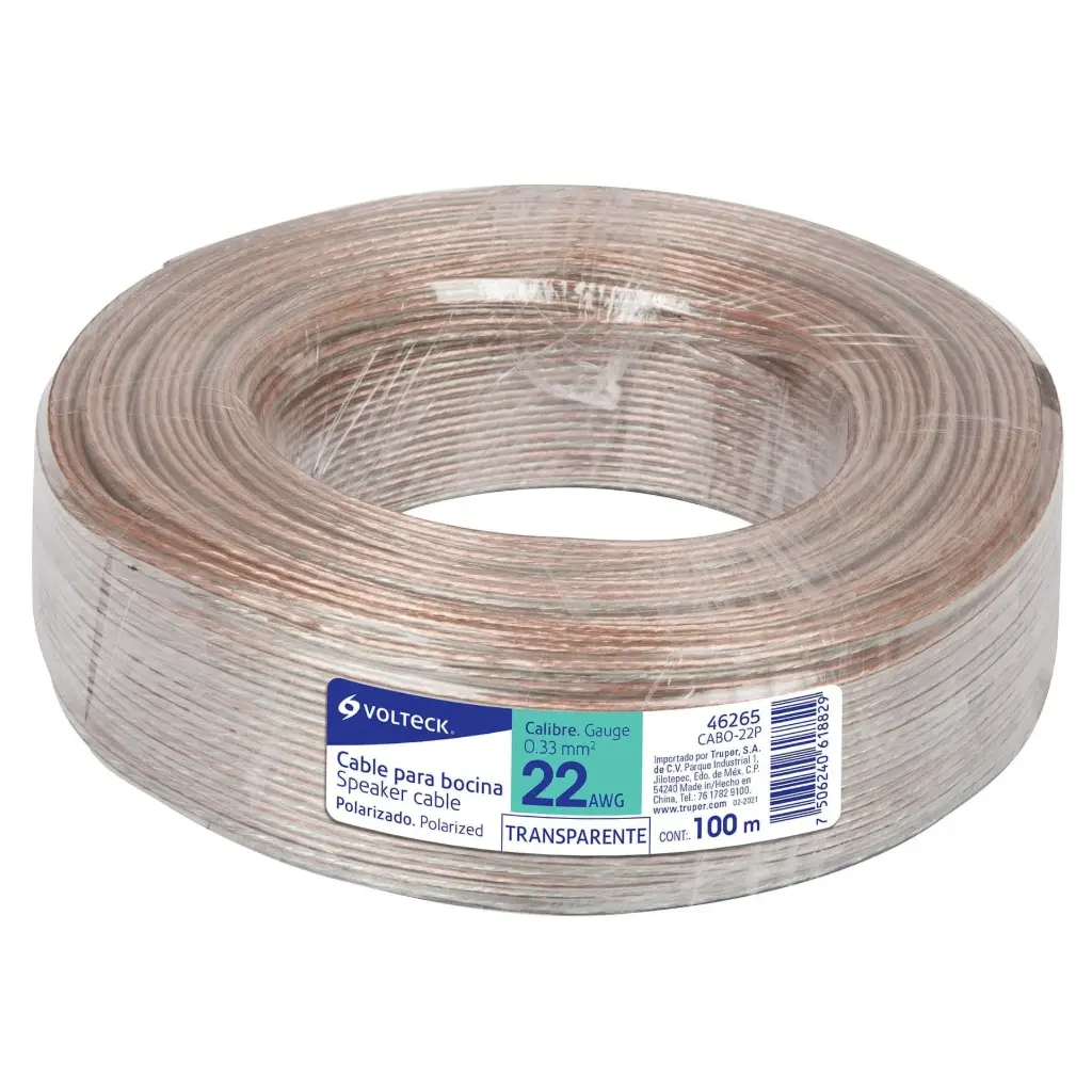[46265] CABLE DUPLEX POLARIZADO TRANSPARENTE PARA BOCINA 22AWG VOLTECK ROLLO 46265