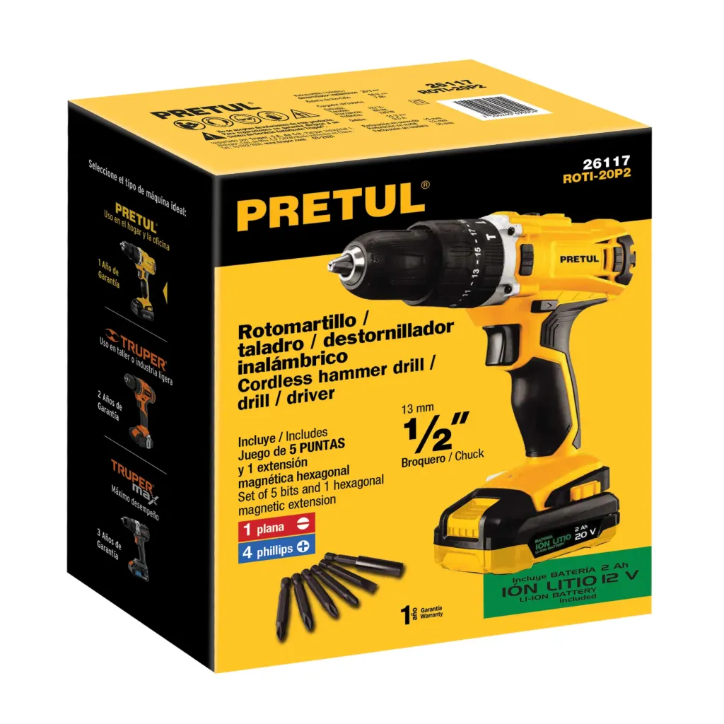 [26117] ROTOMARTILLO / TALADRO / DESTORNILLADOR INALAMBRICO 1/2" 20V PRETUL (TRUPER) 26117