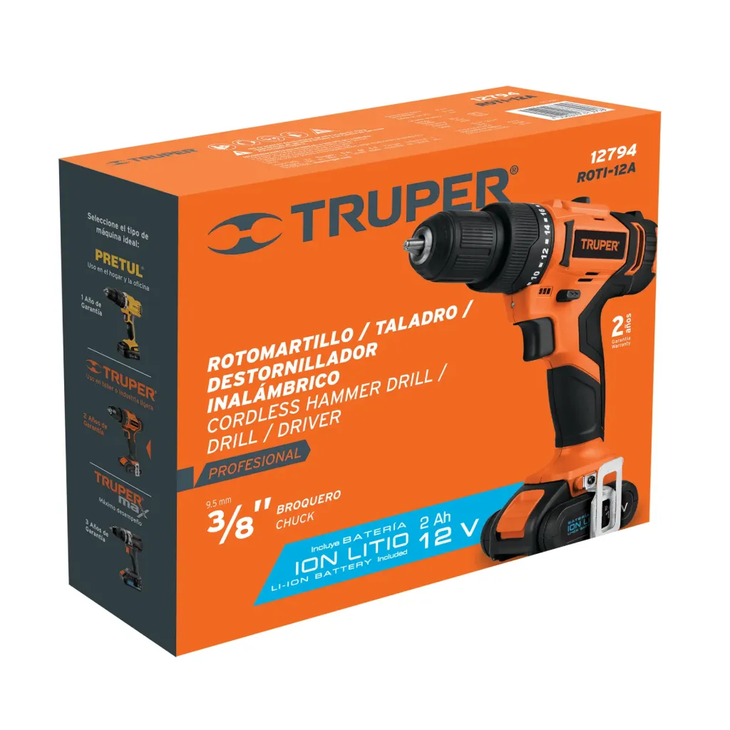 [12794] ROTOMARTILLO / TALADRO / DESTORNILLADOR INALAMBRICO 3/8" 12V TRUPER PRO 12794