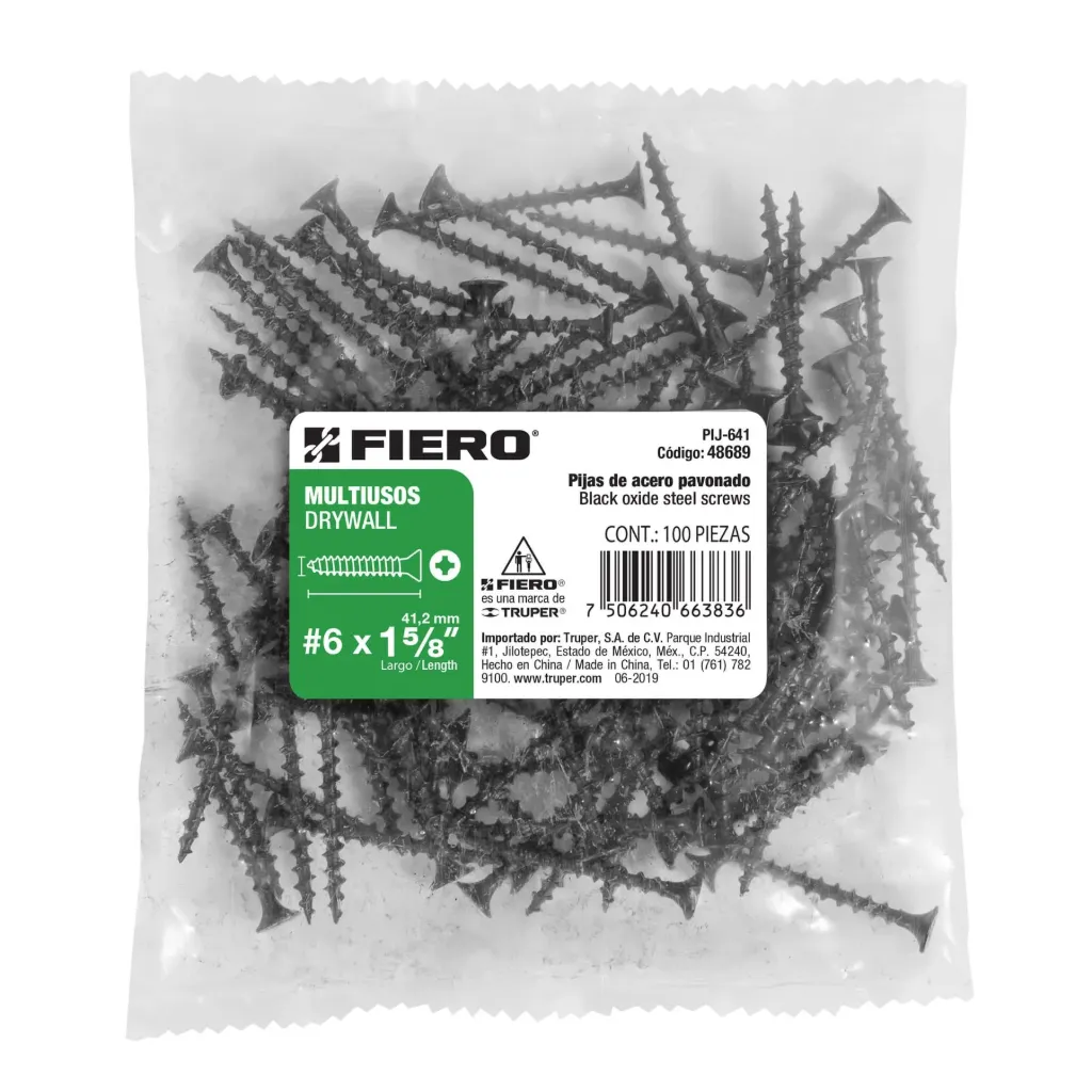 [48689] BOLSA 100 PIEZAS pijas #6 x 1-5/8'cabeza plana phillips multiusos FIERO TRUPER 48689
