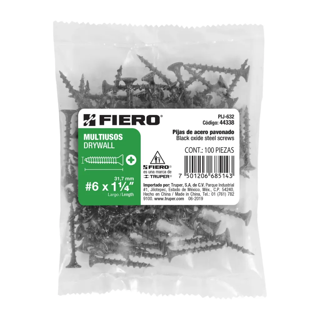 [44338] BOLSA 100 PIEZAS pijas #6 x 1-1/4'cabeza plana phillips multiusos FIERO TRUPER 44338