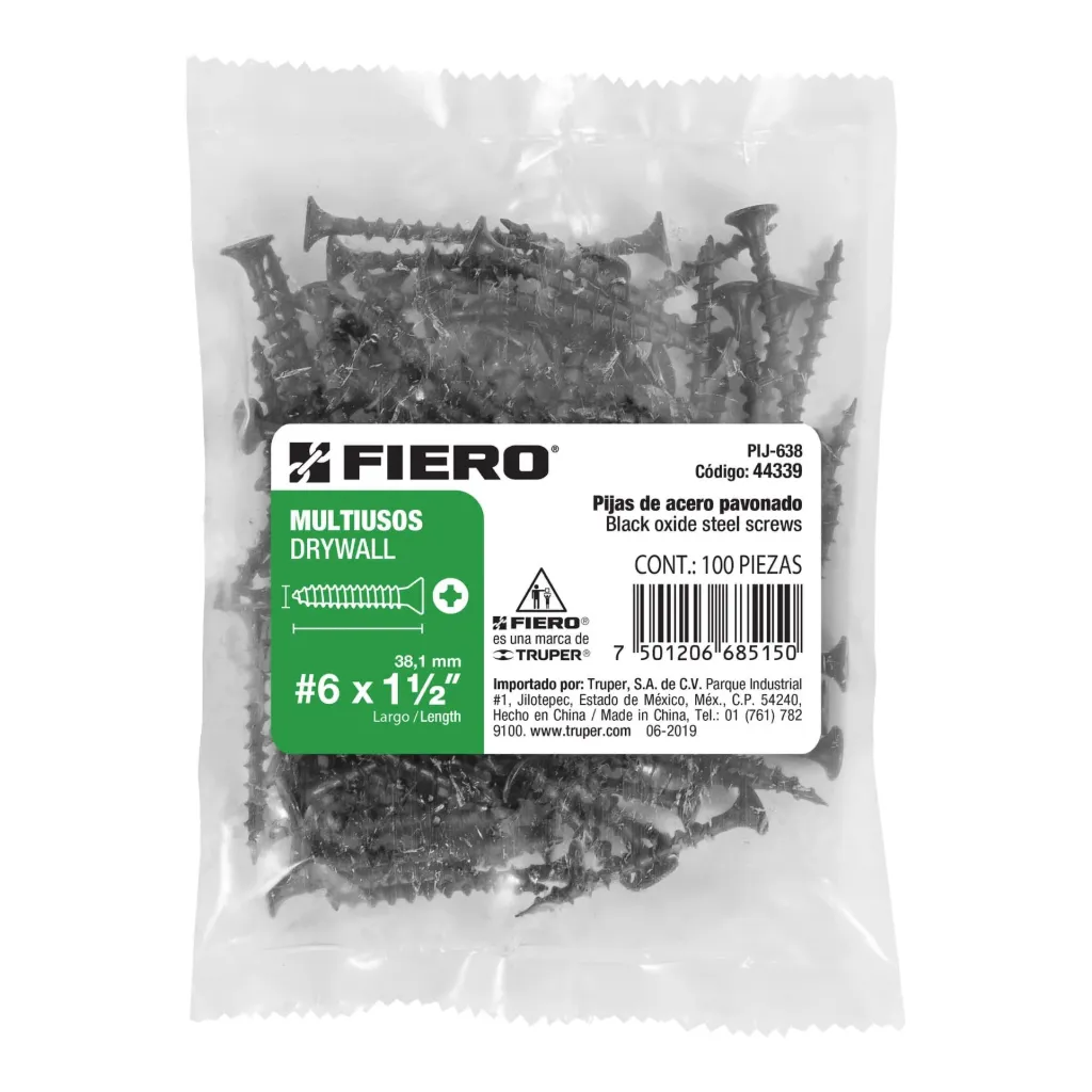 [44339] BOLSA 100 PIEZAS pijas #6 x 1-1/2'cabeza plana phillips multiusos FIERO TRUPER 44339