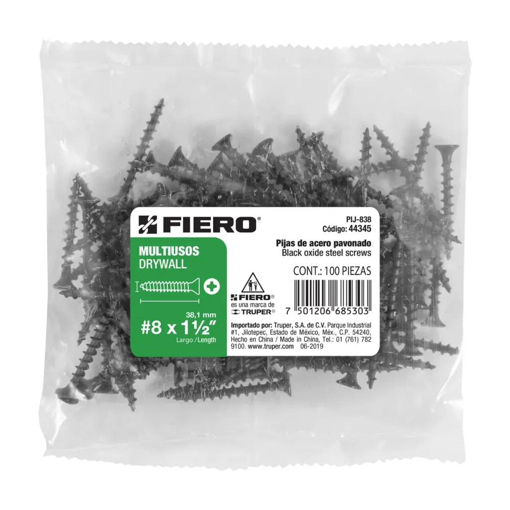 [44345] BOLSA 100 PIEZAS pijas #8 x 1-1/2'cabeza plana phillips multiusos FIERO TRUPER 44345