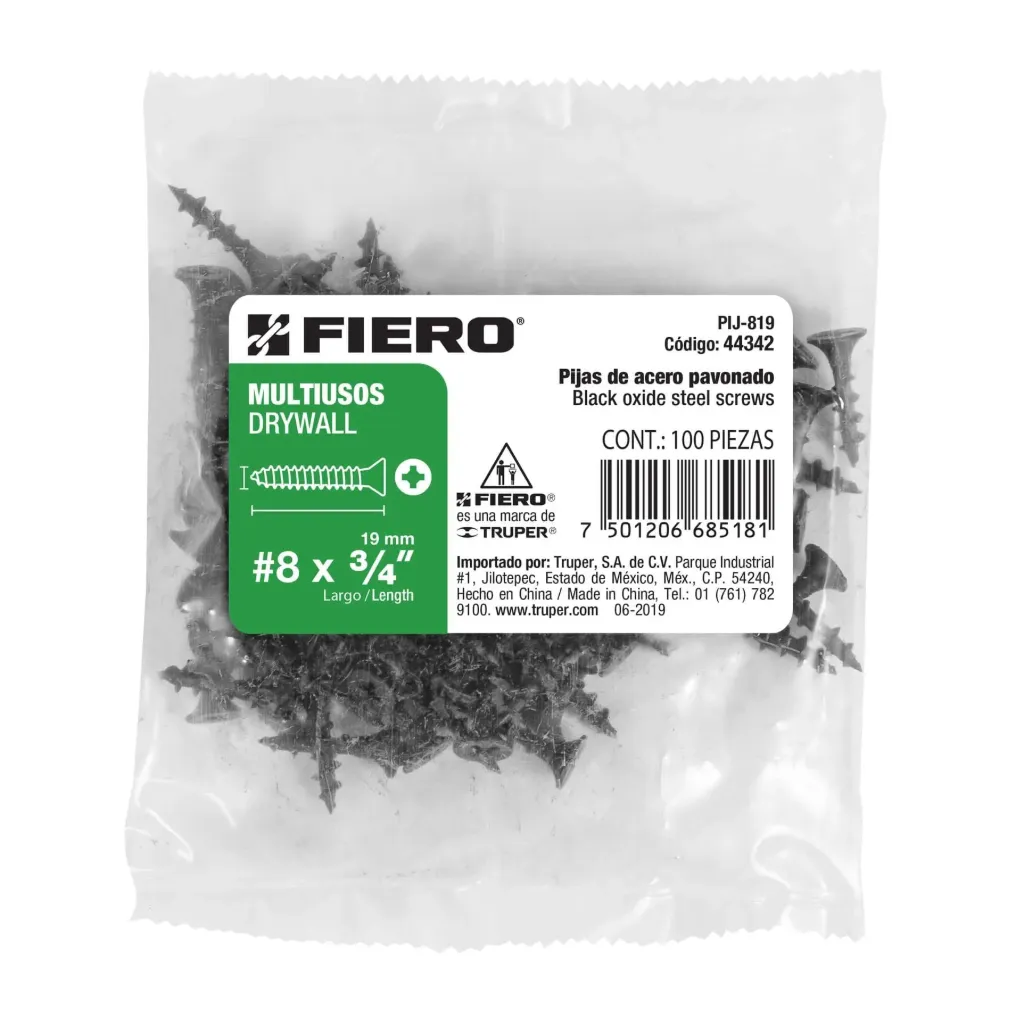 [44342] BOLSA 100 PIEZAS pijas #8 x 3/4'cabeza plana phillips multiusos FIERO TRUPER 44342