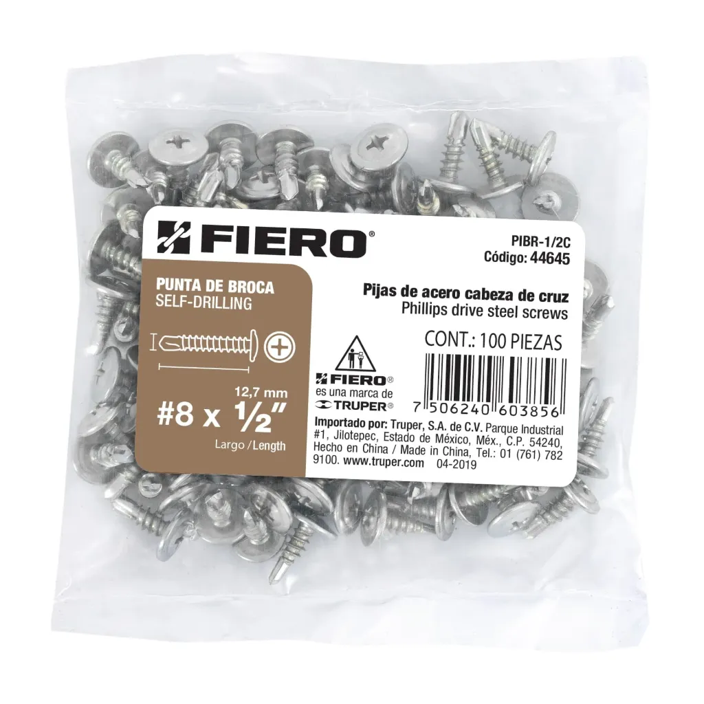 [44645] BOLSA CON 100 PIJAS #8 x 1/2" PUNTA DE BROCA FIERO (TRUPER) 44645