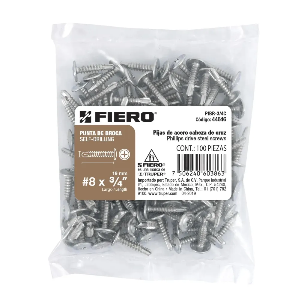 [44646] BOLSA DE 100 PIJAS #8 x 3/4" PUNTA DE BROCA FIERO (TRUPER) 44646