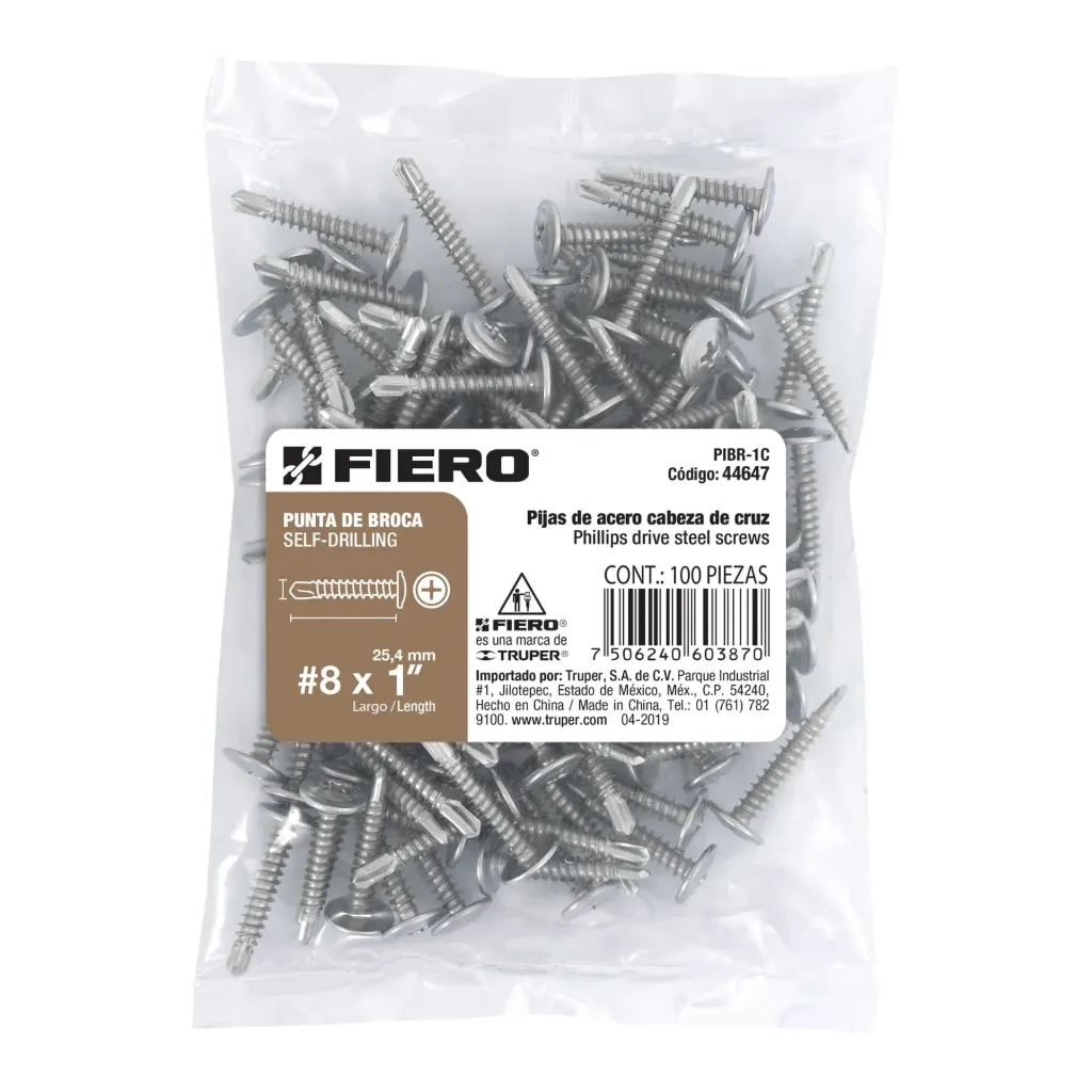 BOLSA CON 100 PIJAS #8 x 1" PUNTA DE BROCA FIERO (TRUPER) 44647