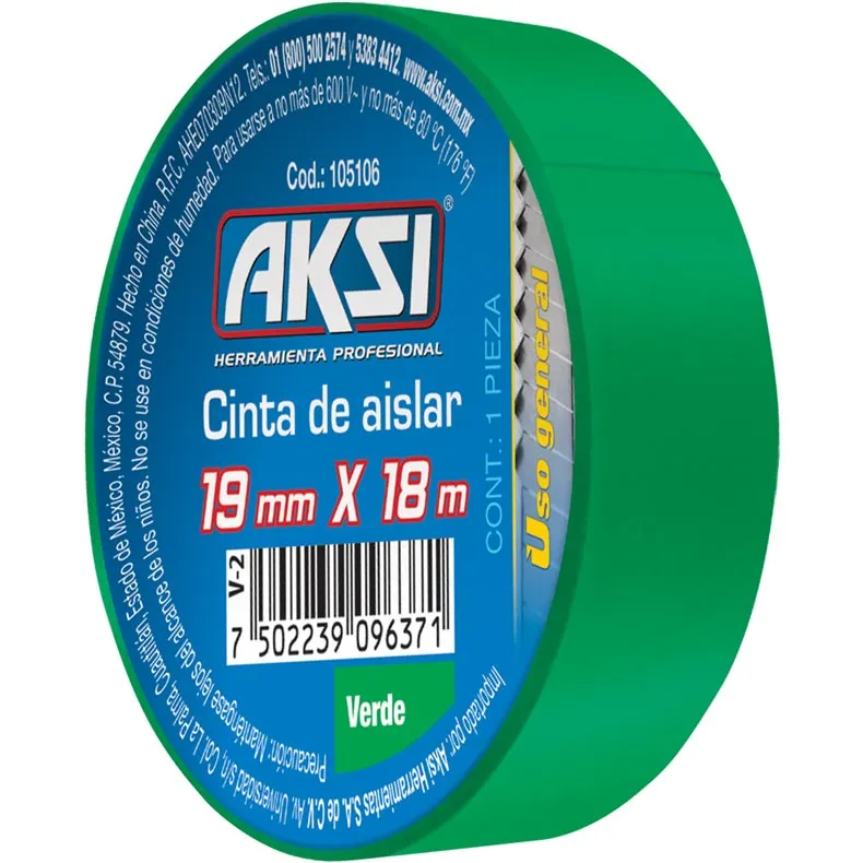 [105106] CINTA DE AISLAR VERDE 19mm x 18m, AKSI 105106