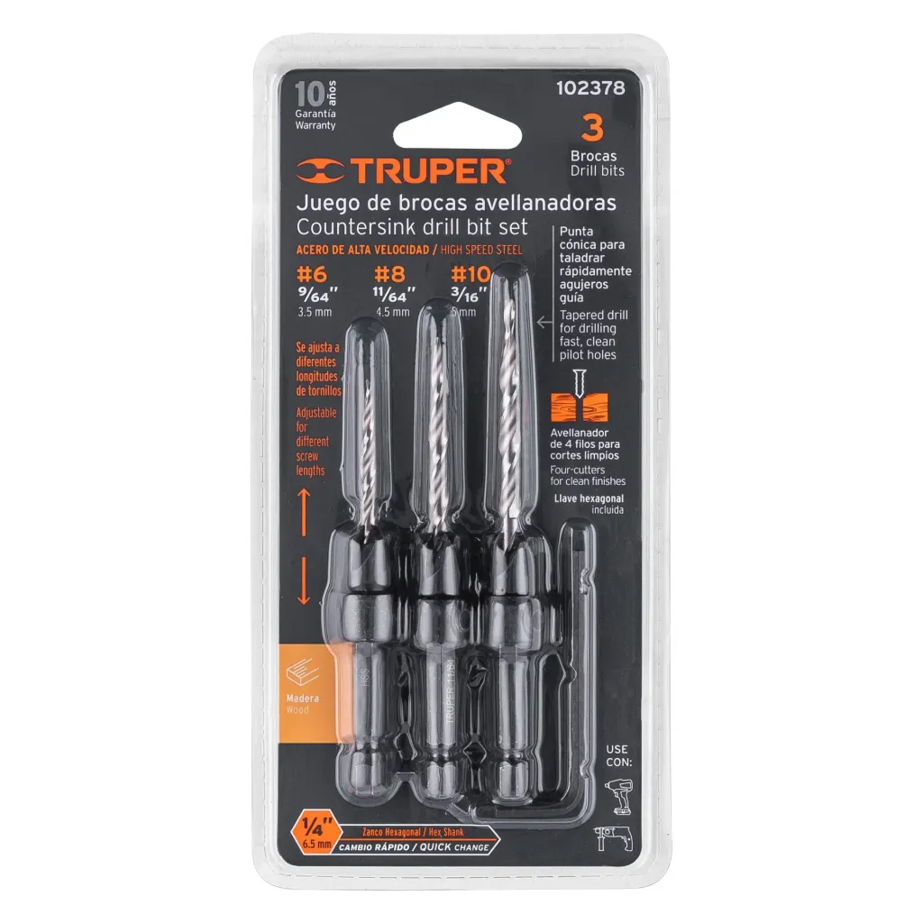 JUEGO DE 3 BROCAS AVELLANADORAS 9/64", 11/64" Y 3/16", TRUPER 102378