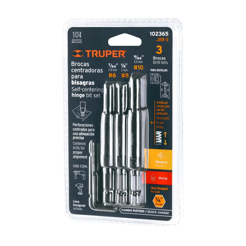 [102365] JUEGO DE 3 BROCAS PARA BISAGRAS 7/64",1/8" Y 9/64", TRUPER 102365