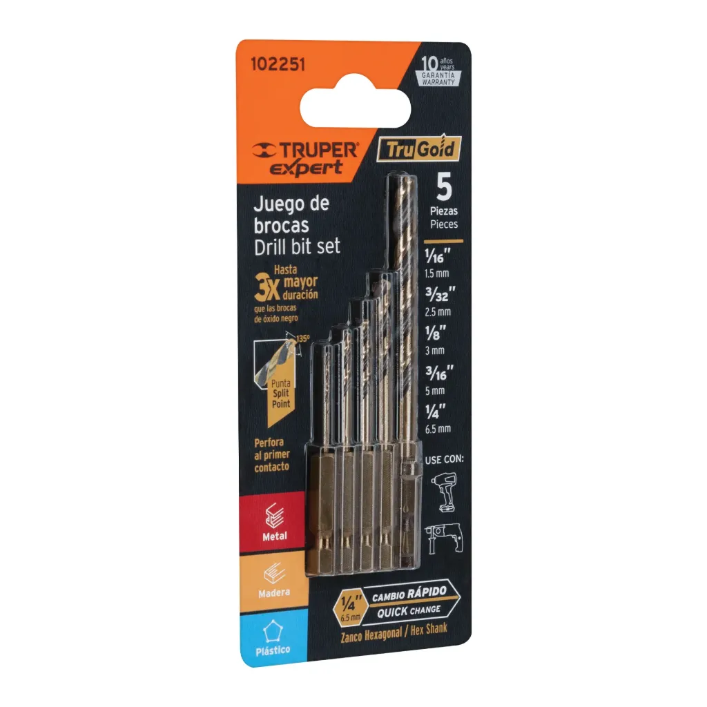 JUEGO DE 5 BROCAS HSS PARA METAL ZANCO CAMBIO RAPIDO, TRUPER EXPERT 102251